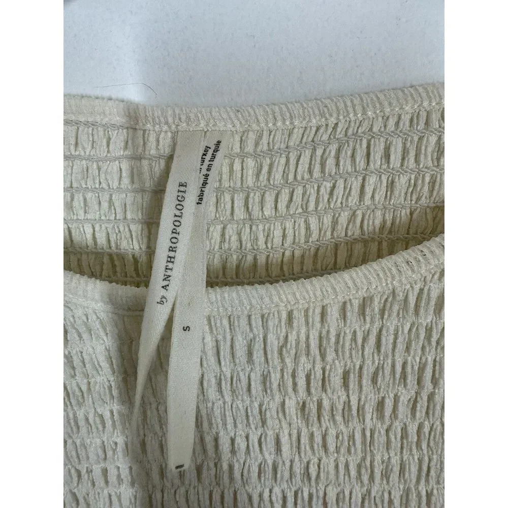 Anthropologie Smocked Puff Sleeve Ivory Cream Top Blouse Size S‎ Boho Bodycon